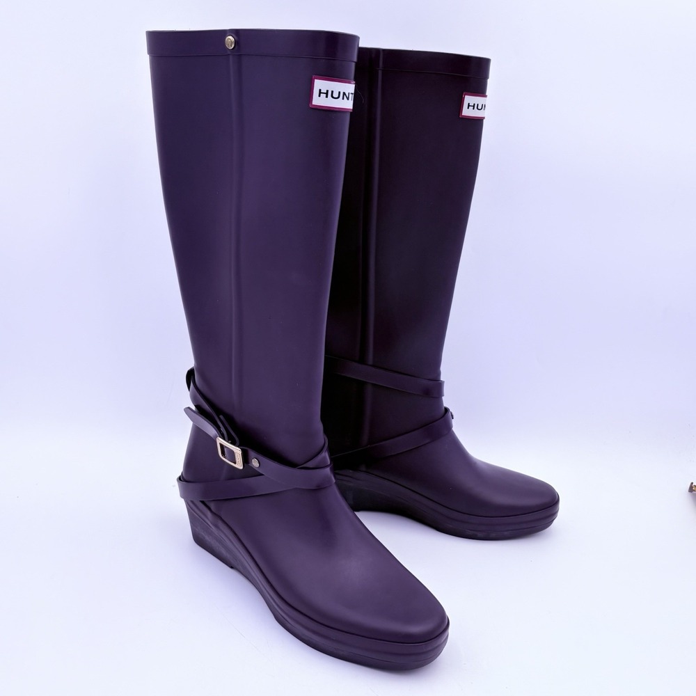 Hunter 6M Andora Deep Purple Boots Wedge Heel Knee‎ High Waterproof Belt Detail